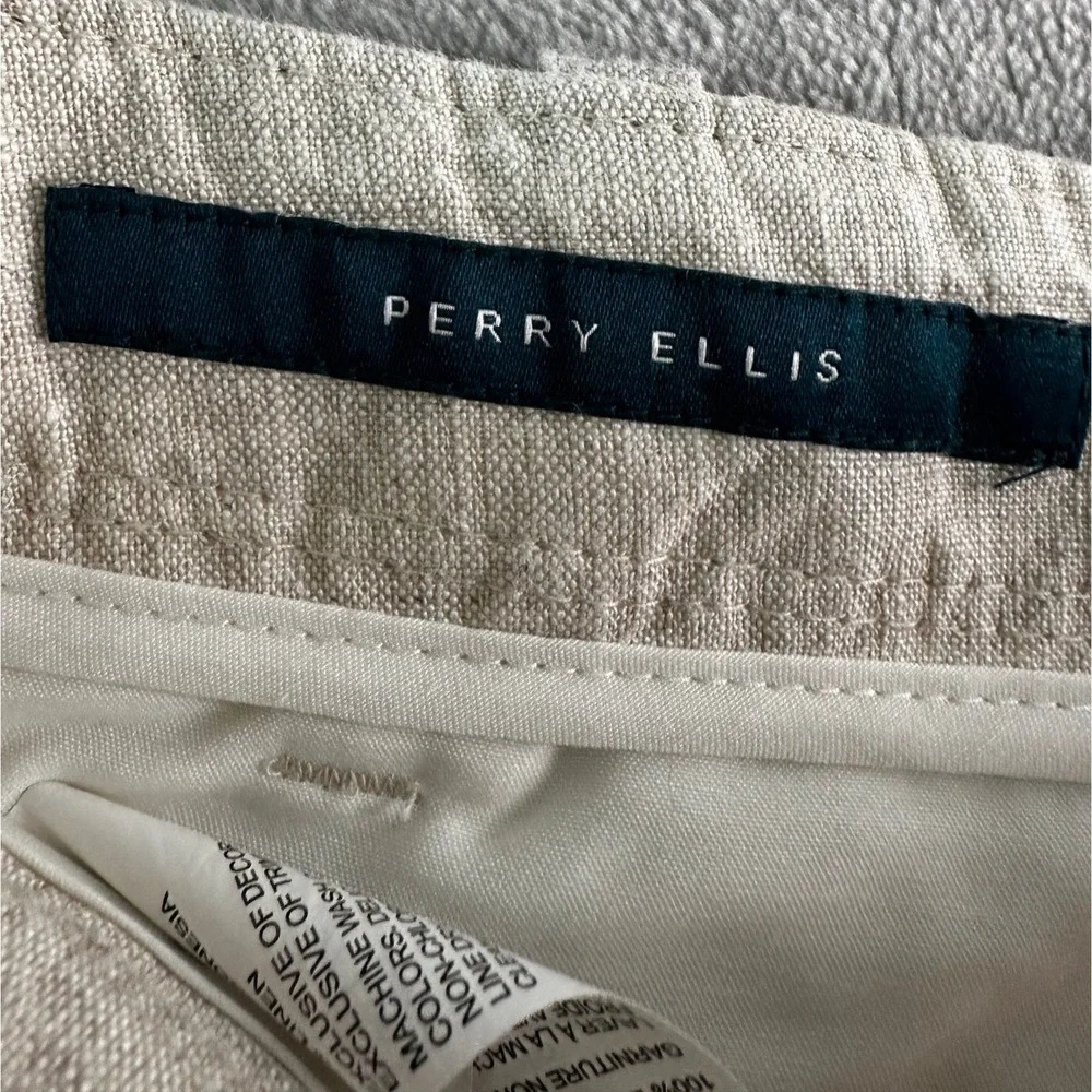 NWT Perry Ellis Linen Pants Mens 32x31 Beige Drawstring Straight Trousers